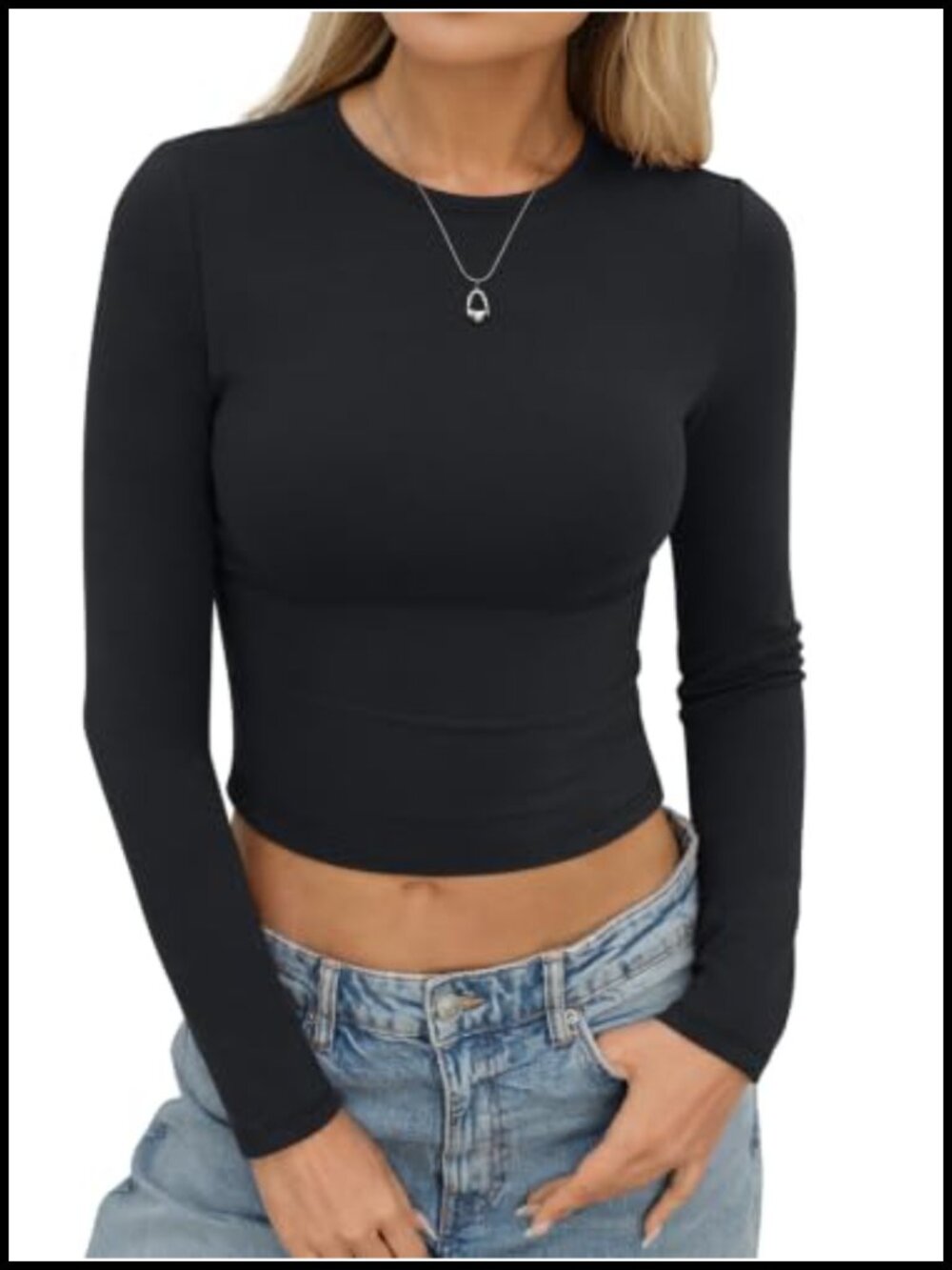 Womens Cotton Long Sleeve Crop Top Fitted Crew Neck T-Shirt